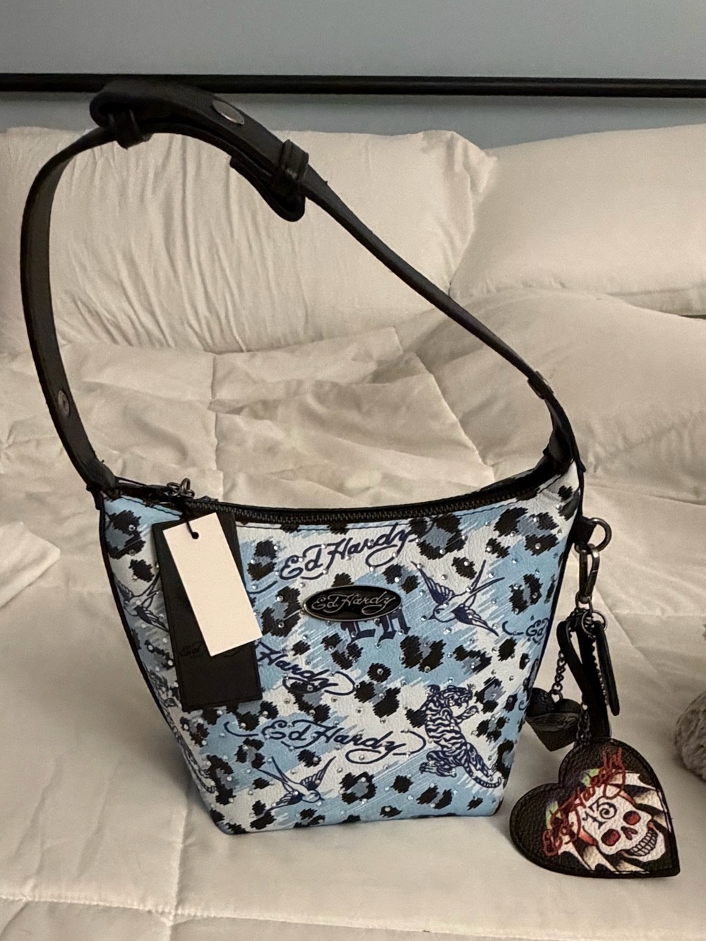 Ed Hardy Y2K  Blue Printed Shoulder Bag with Heart Charm
